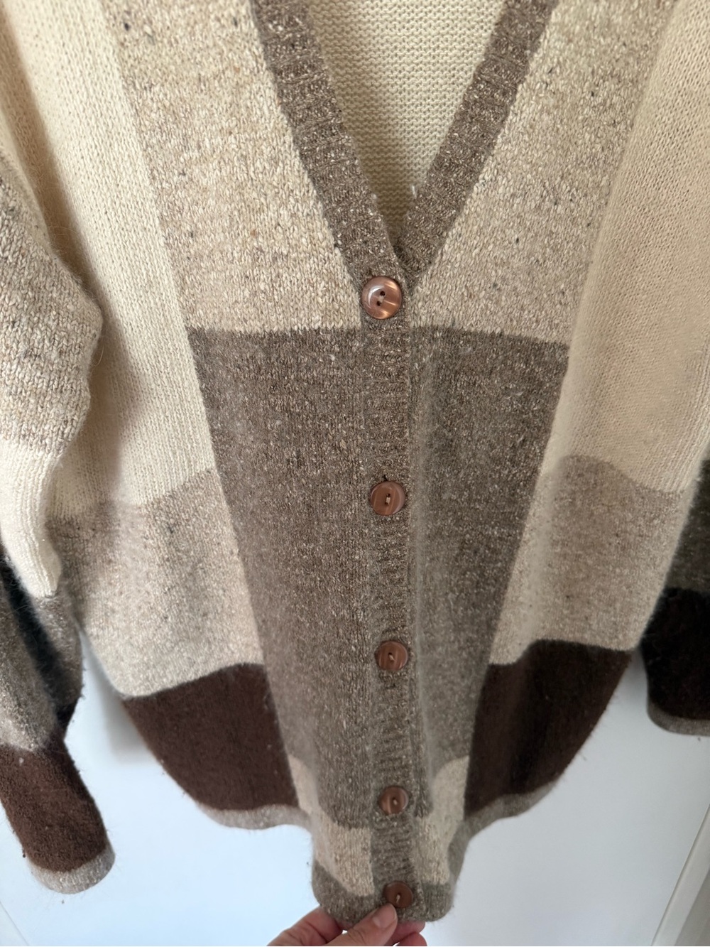 De Rotchild Silk Angora Wool Blend Colorblock Cardigan Sweater Beige Brown Overs - Picture 2 of 5
